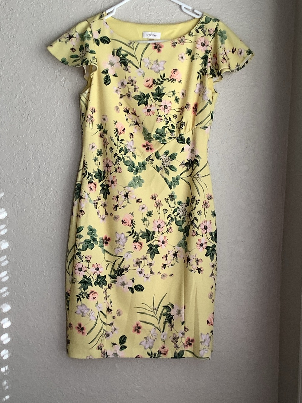 Calvin Klein Yellow Floral Midi Dress with Pink and Green Print